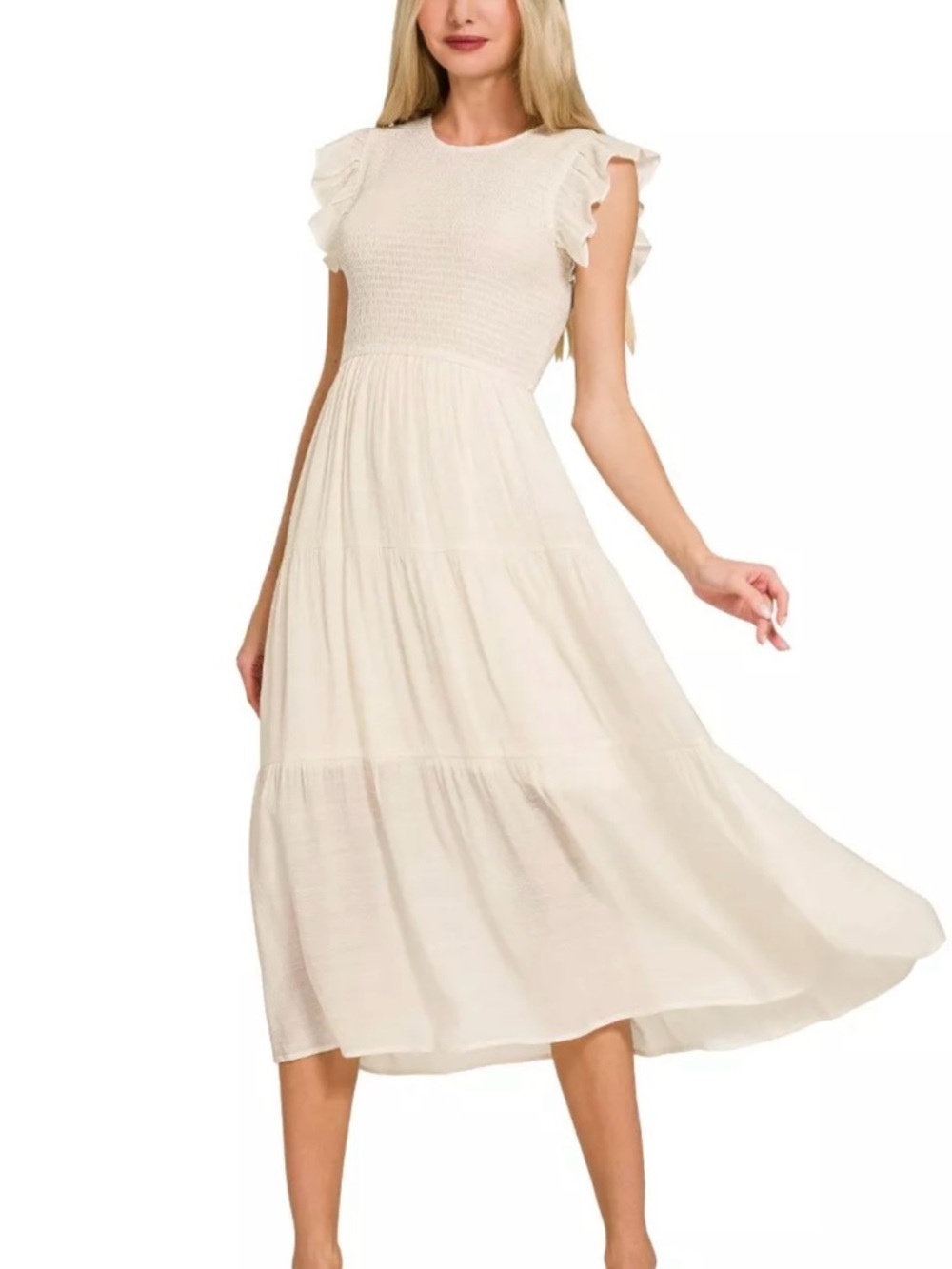 Smocked Bodice Ruffle Midi Dress in Cream